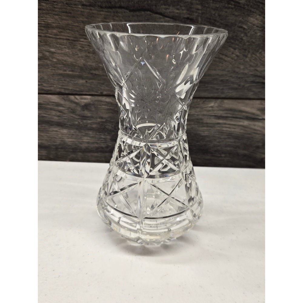 Vintage Cut Glass Crystal Vase 7 Inch Starburst Diamond Pattern Flared Shape